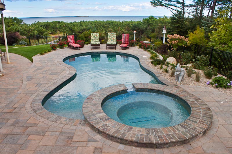 pool gunite swimming pools inground spa step backyard nh liner vinyl residential pebble valley shape landscaping outdoor deck built plaster